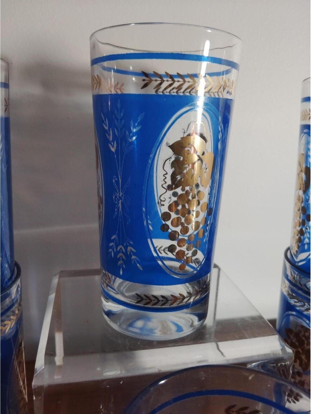 Hazel Atlas Mid Century Set Cobalt Blue Gold Grapes & Wheat Tumblers Glasses